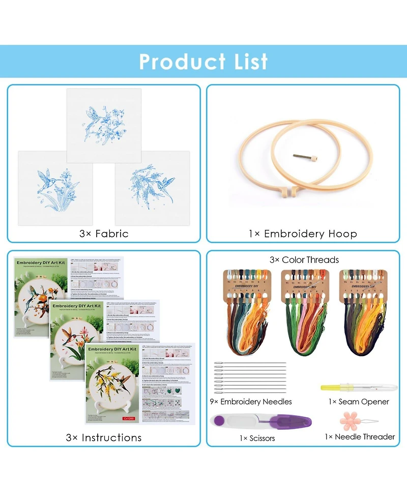 Gnuadz 3 Sets Hummingbird Embroidery Kit Cross Stitch Set