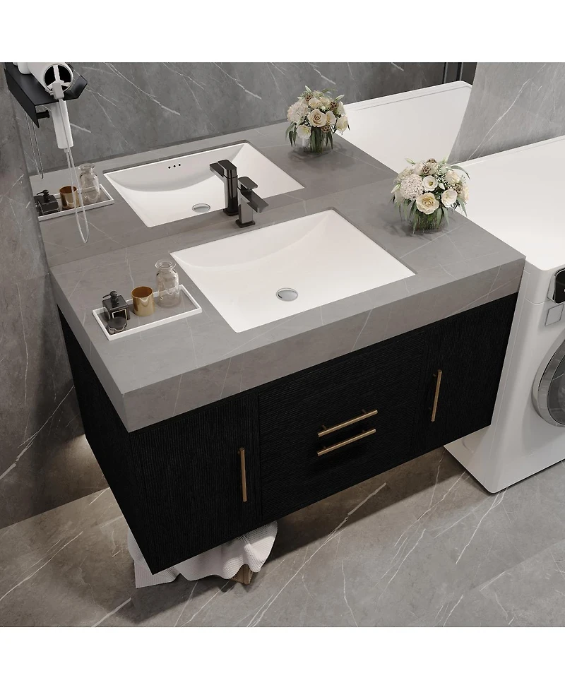Sillysis 39.4 Inch Floating Bathroom Vanity with Faux Marble Top, Luxury Modern Black Wall Mounted Solid Wood Cabinet and Ceramic Sink