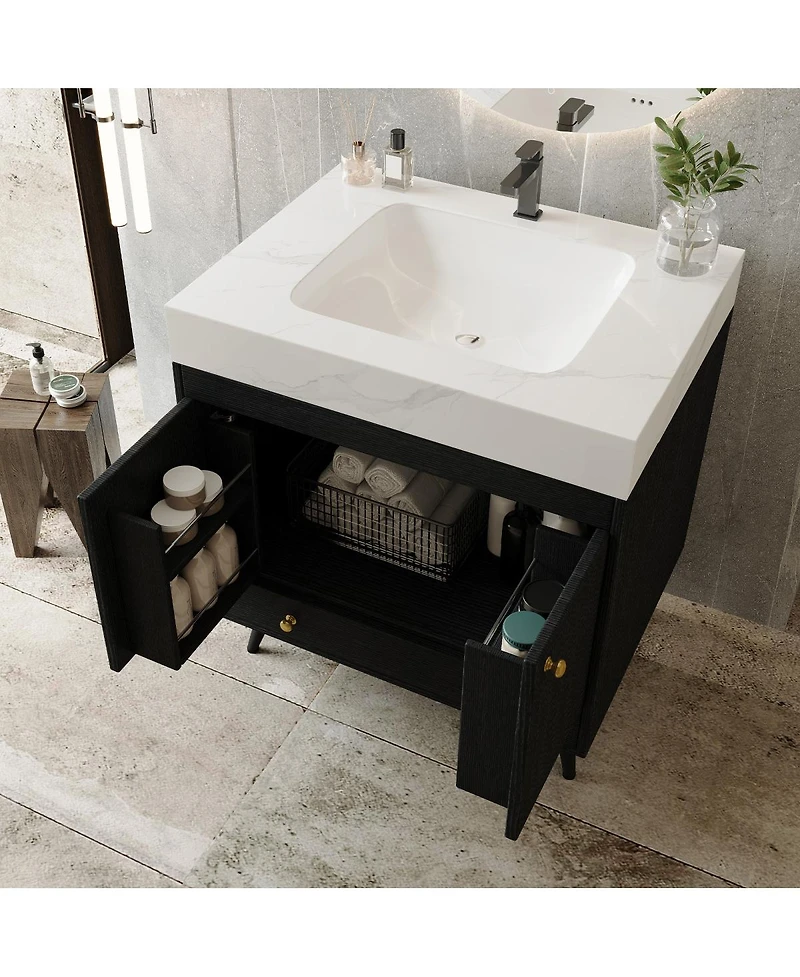 Sillysis 30 Inch Freestanding Bathroom Vanity, Sintered Stone Top, Ceramic Sink, Modern Storage Drawer and Cabinet for Compact Bath