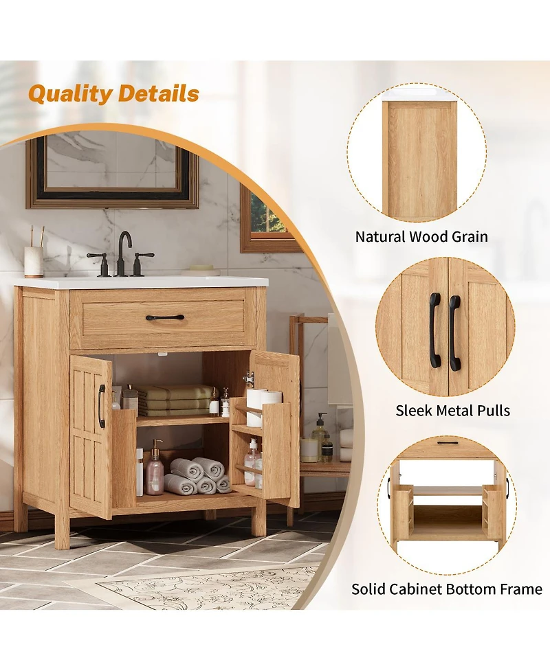 Sillysis 30 Inch Farmhouse Bathroom Vanity with Resin Sink, Adjustable Shelf, Soft Close, Door Storage Rack for Modern Bath
