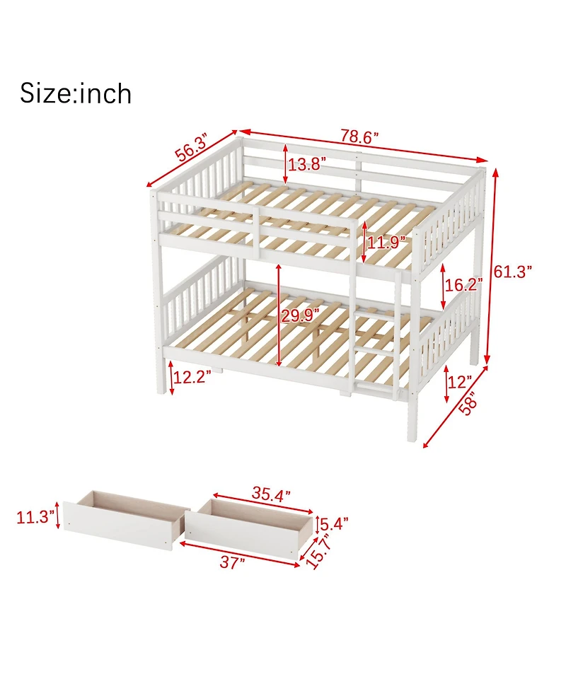 Sailvan full Over Rubber Wood Bunk Bed with 2 Drawers, Convertible into Beds Ladder