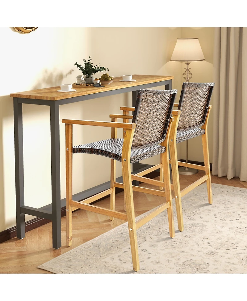 Gymax Patio Rattan Bar Stool Set of 2 Outdoor Pe Wicker Bar Chairs Armrests and Sturdy Footrests