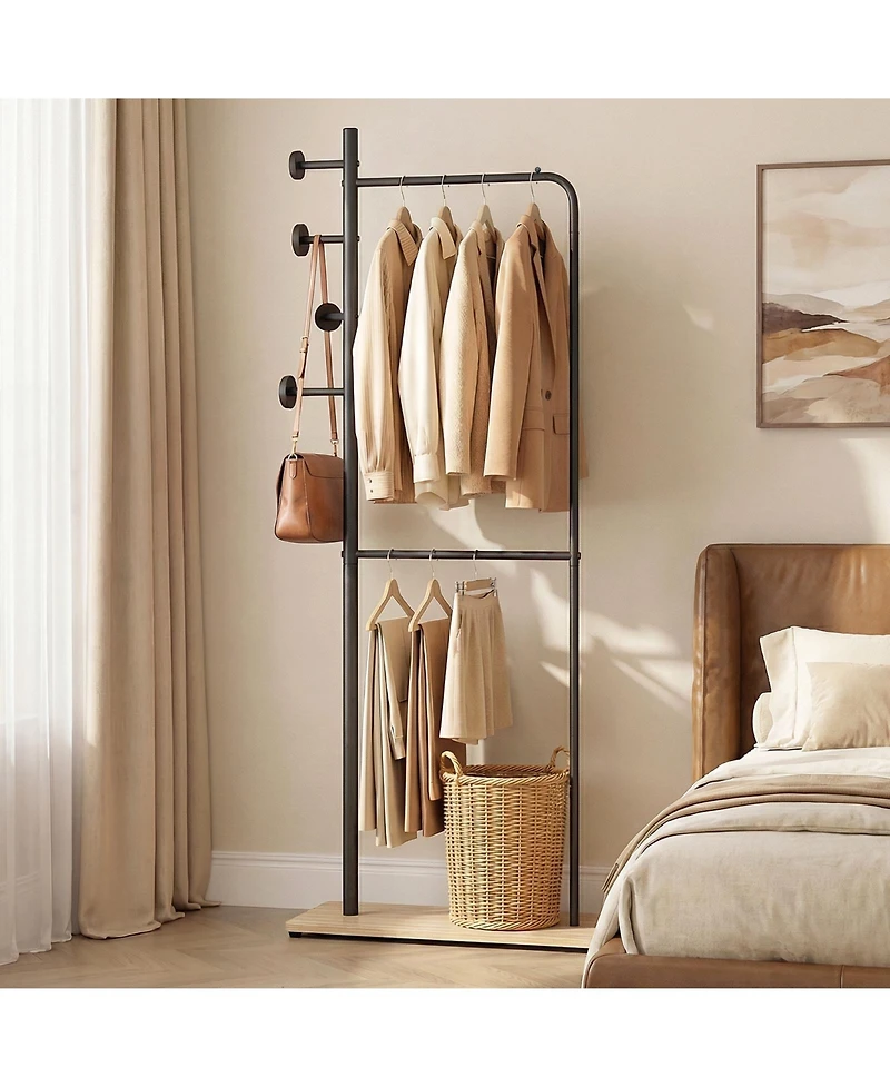 Slickblue Freestanding Double Rod Clothing Rack with Wooden Hooks for Closet Organization