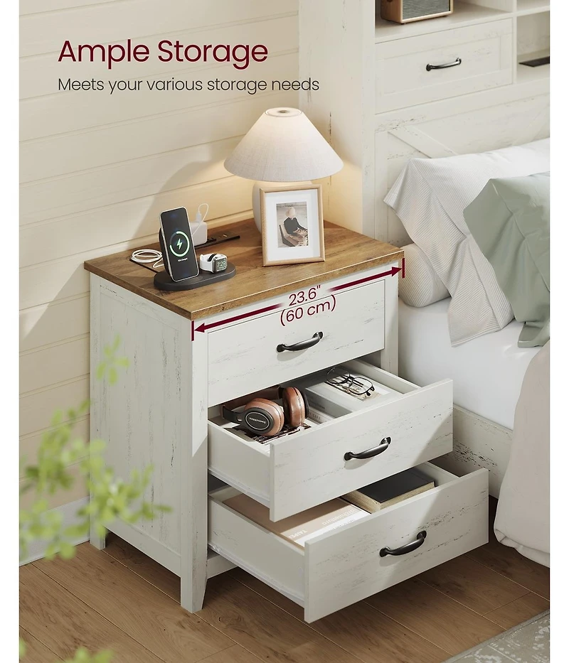 Slickblue Farmhouse Bedside Table with Charging Station and Storage