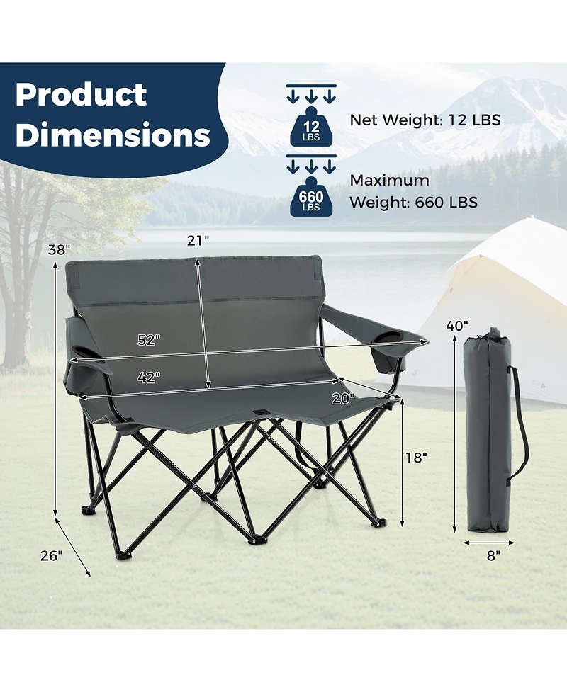 Gouun 2-Person Double Camping Chair, Outdoor Folding Loveseat with Cup Holders and Carrying Bag