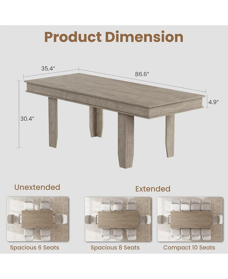 gaomon 63-86.6 in Extendable Dining Table for 6-10, Farmhouse Rectangular Kitchen Dinner Table with Sturdy Wooden Frame