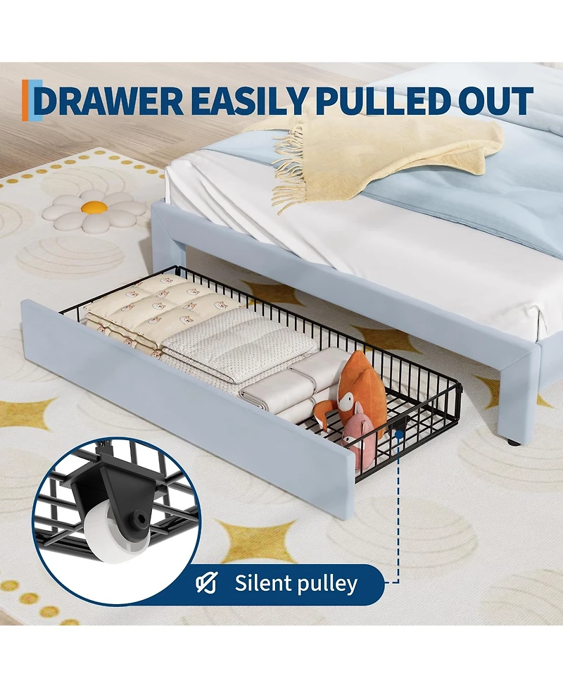 homfan Kids Bed Frame with Cat Headboard, Upholstered Princess Sturdy Wood Slats Support