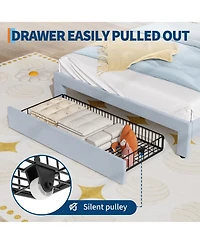 homfan Kids Bed Frame with Cat Headboard, Upholstered Princess Sturdy Wood Slats Support