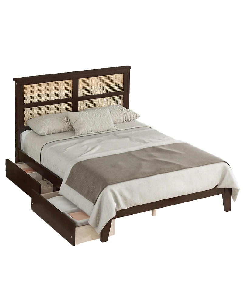 Sailvan Bed with Rattan Headboard, 2 Drawers, Rubber Wood Support Slats and Feet
