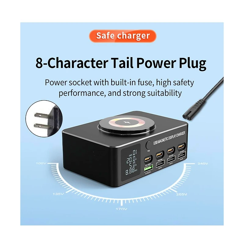 Artudatech 140W 8-Port GaN Charging Station with Fast Charger, Magnetic Wireless and Digital Display