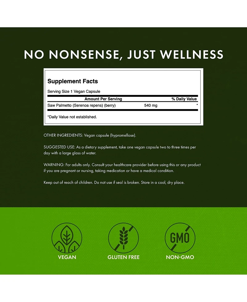 Swanson Saw Palmetto, Male Prostate Health, Hair and Urinary Health Support, Herbal Supplement, 540 Miligram, 100 Capsules