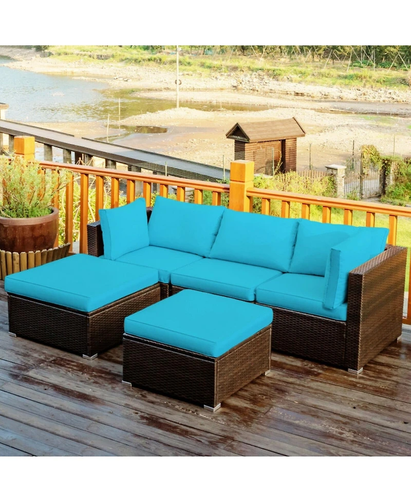 Gouun 5 Piece Outdoor Wicker Sectional Conversation Set with Convertible Ottoman, 4 in Cushions