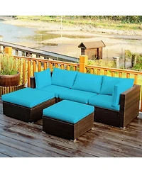 Gouun 5 Piece Outdoor Wicker Sectional Conversation Set with Convertible Ottoman, 4 in Cushions