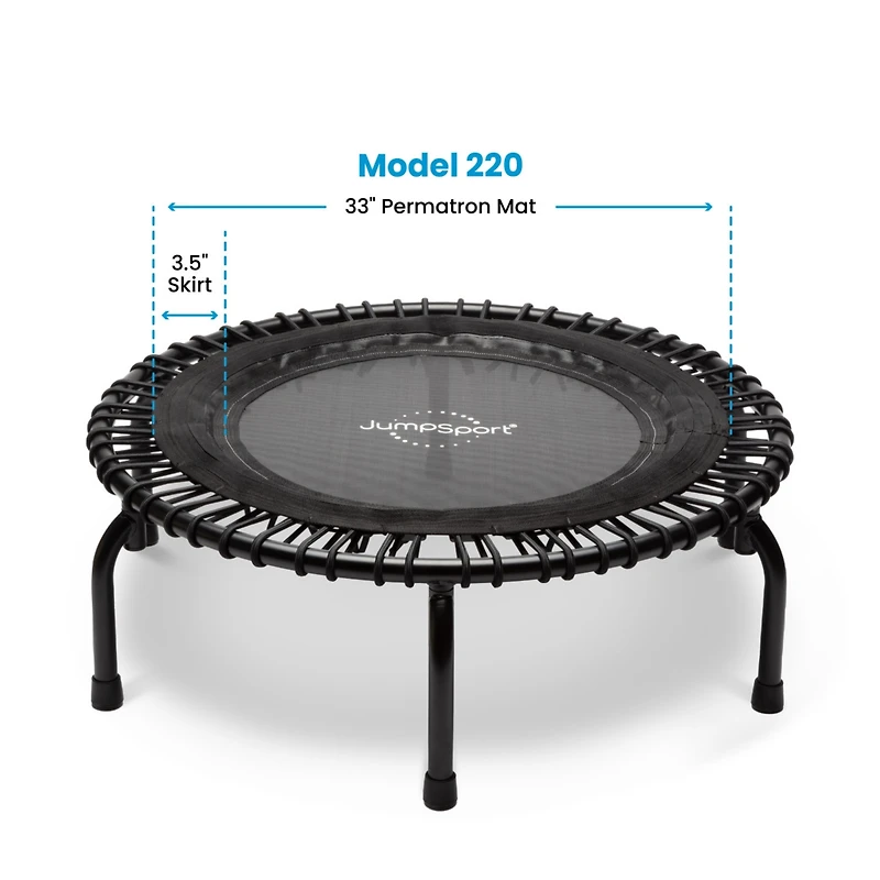JumpSport 220 in-Home Cardio Fitness Rebounder, 39-inch | Mini Trampoline with Arched-Legged & Videos Included | Safe, Sturdy and Low-Impact