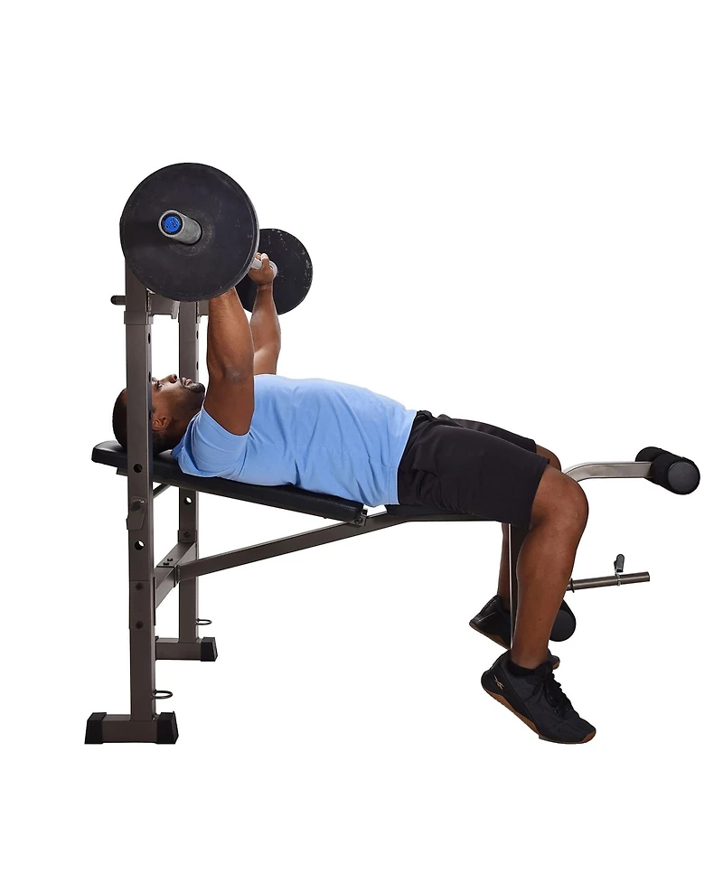 Stamina Adjustable Steel Weights Bench and Barbell Rack Combo Set with Resistance Band Anchor Points for Home Gym Workout or Exercise, Black