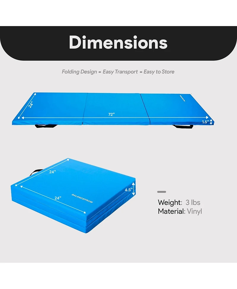 BalanceFrom Fitness GoGym 6' x 2' x 1.5" Folding 3 Panel Exercise Gym Mat, Blue