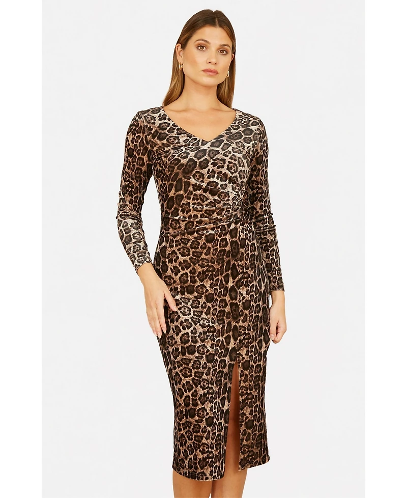 Yumi Women's Velvet Long Sleeve Fitted Midi Dress