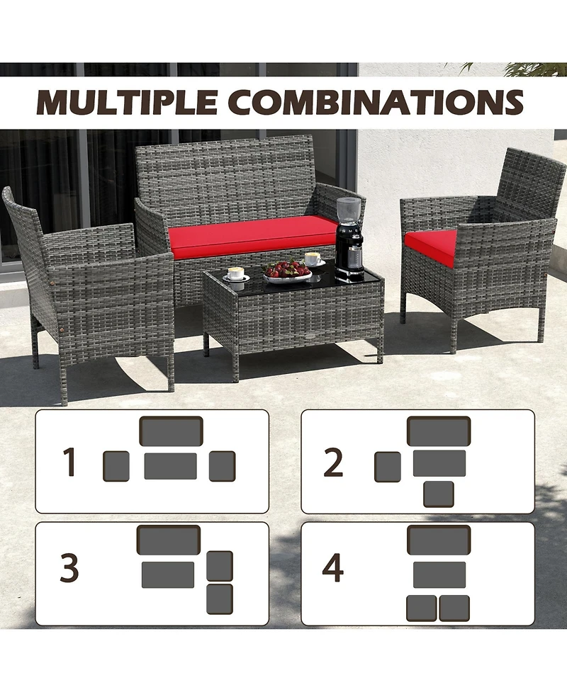 Gouun 4-Piece Patio Rattan Conversation Set with Loveseat, Chairs, and Glass Table