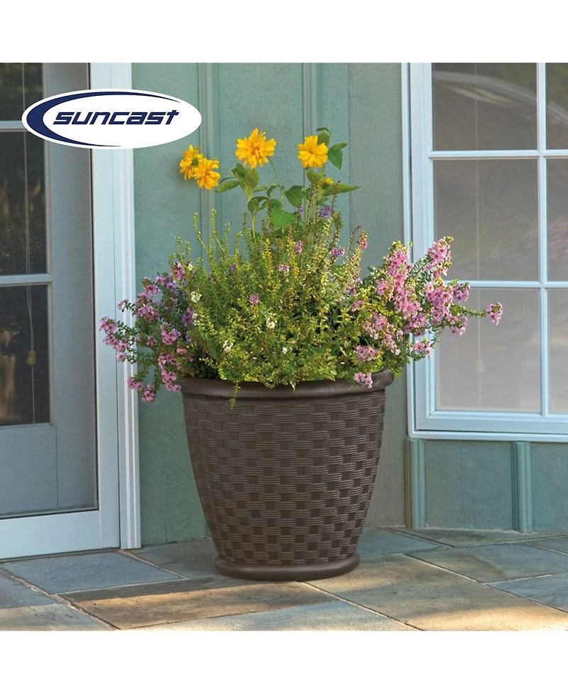 Suncast Sonora 18 Inch Resin Wicker Decorative Flower Planter, Brown (4 Pack)