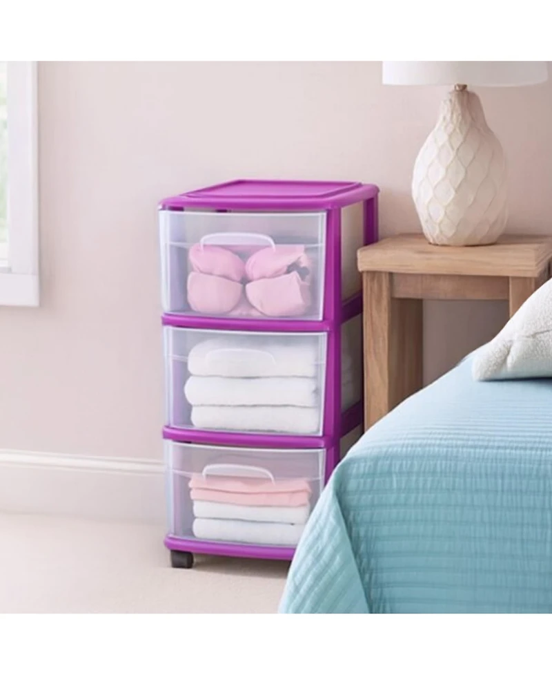 Homz Plastic 3 Drawer Medium Storage Container Tower, Clear Drawers/Purple Frame