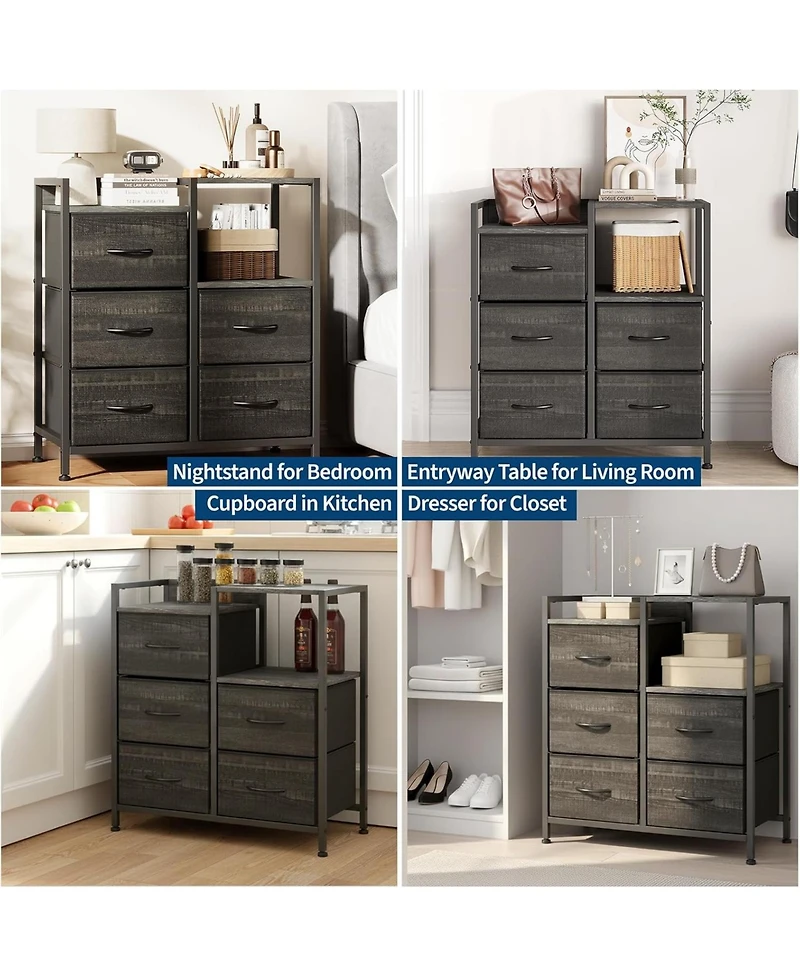 gaomon 5-Drawer Filing Cabinet with Open Storage Shelves and Rolling Printer Rack, Fabric Horizontal File Cabinet