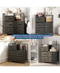 gaomon 5-Drawer Filing Cabinet with Open Storage Shelves and Rolling Printer Rack, Fabric Horizontal File Cabinet