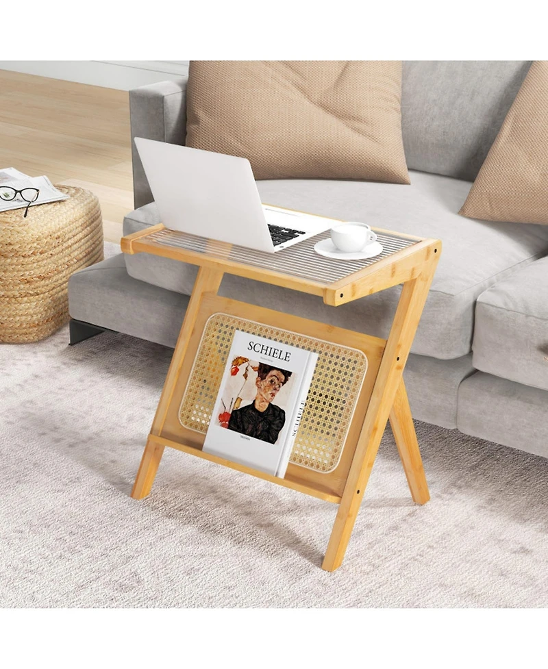 Gouun Boho Bamboo End Table with Tempered Glass Top and Magazine Rack, 22 in