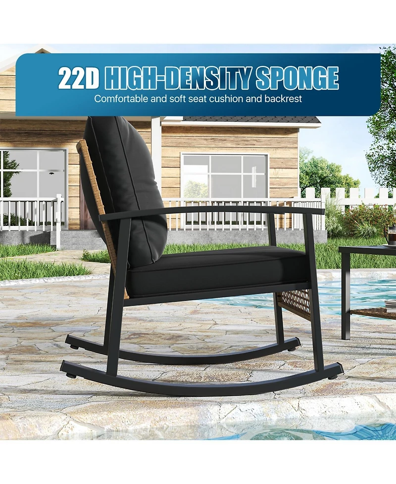 Aoxun Indoor Outdoor Rocking Chair 3 Piece Set Metal Frame Patio Furniture with Wicker Accent and Side Table.