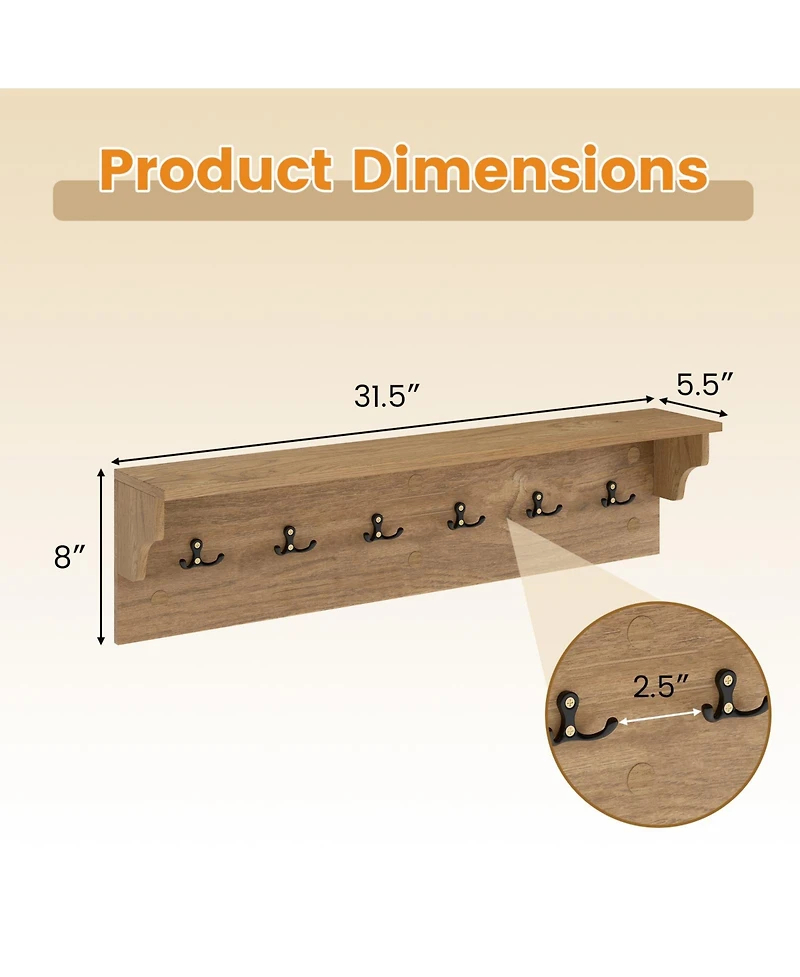 Gouun Wall-Mounted Wooden Coat Rack with Shelf and 6 Hooks, 31.5 in