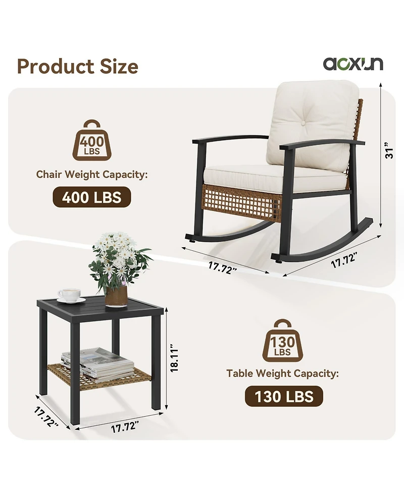 Aoxun Indoor Outdoor Rocking Chair 3 Piece Set Metal Frame Patio Furniture with Wicker Accent and Side Table