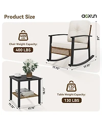 Aoxun Indoor Outdoor Rocking Chair 3 Piece Set Metal Frame Patio Furniture with Wicker Accent and Side Table