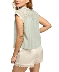 Lucky Brand Women's V-Neck Mesh Embroidered Yoke T-Shirt
