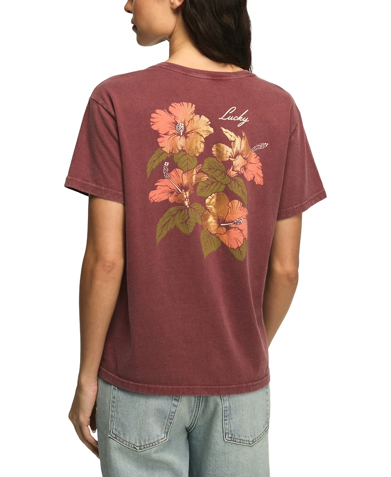 Lucky Brand Women's Hibiscus Print Crewneck Boyfriend T-Shirt