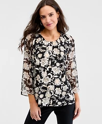 Jm Collection Women's Printed Chiffon-Sleeve Gathered-Neck Top, Macy's Exclusive