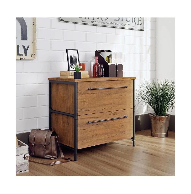 Sauder Iron City File Cabinet, Checked Oak finish