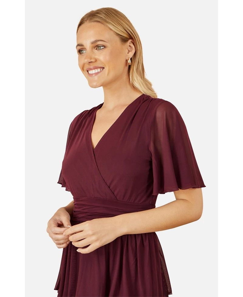 Yumi Women's Mesh V-Neck Tiered Maxi Dress
