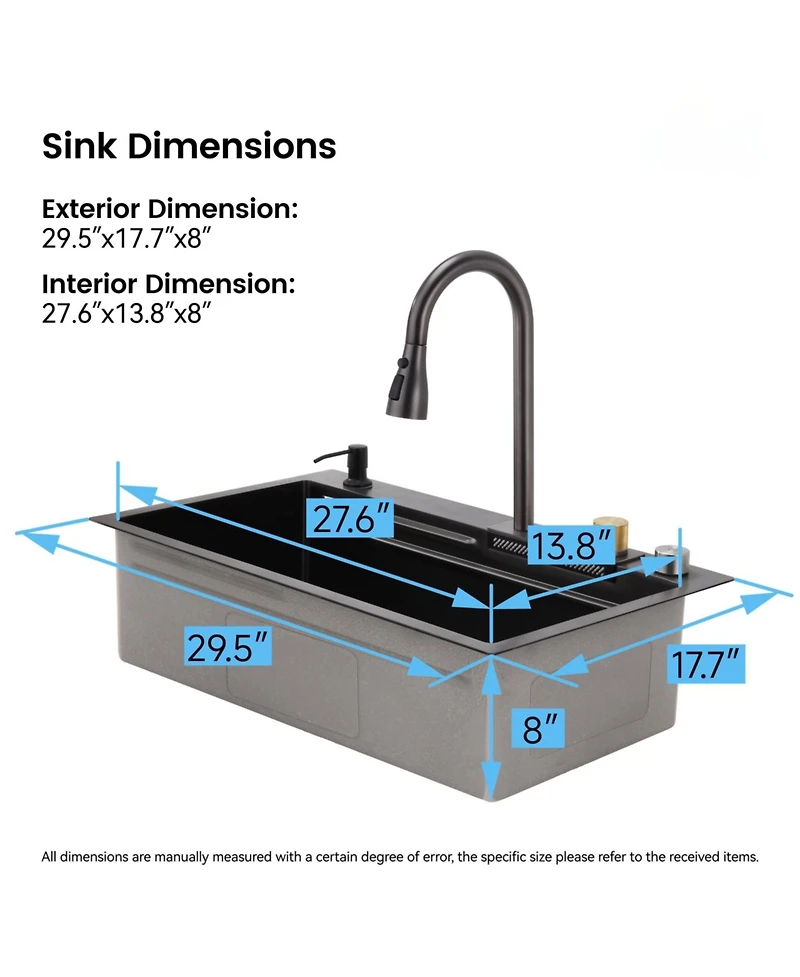 Busdays 29.5 x 17.7 Inches Waterfall Kitchen Sink Stainless Steel Single Bowl Multifunctional Workstation with Flying Rain Faucet and Cutting Board