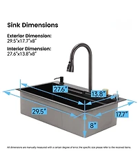 Busdays 29.5 x 17.7 Inches Waterfall Kitchen Sink Stainless Steel Single Bowl Multifunctional Workstation with Flying Rain Faucet and Cutting Board