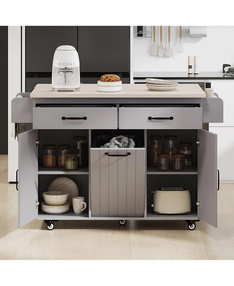Clihome Mobile Kitchen Island Cart Foldable Top, Convertible to Fixed Cabinet with Trash & Storage