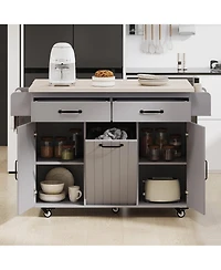 Clihome Mobile Kitchen Island Cart Foldable Top, Convertible to Fixed Cabinet with Trash & Storage