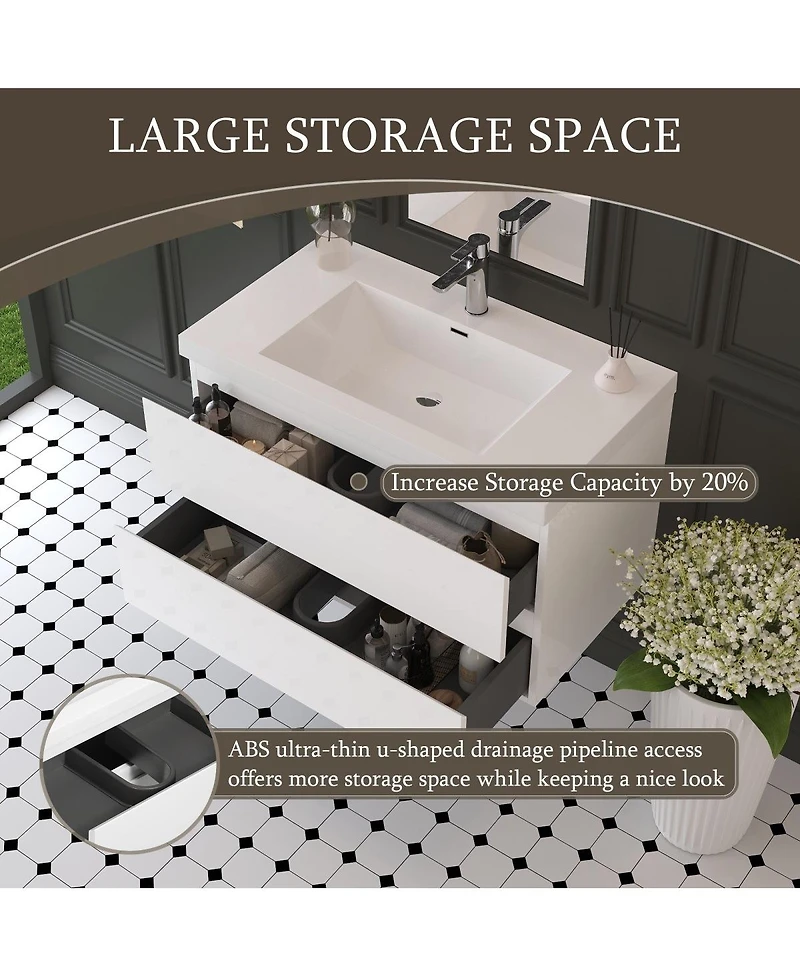 Sillysis Inch Glossy Wall Mounted Bathroom Vanity with Resin Sink and Soft Close Drawers