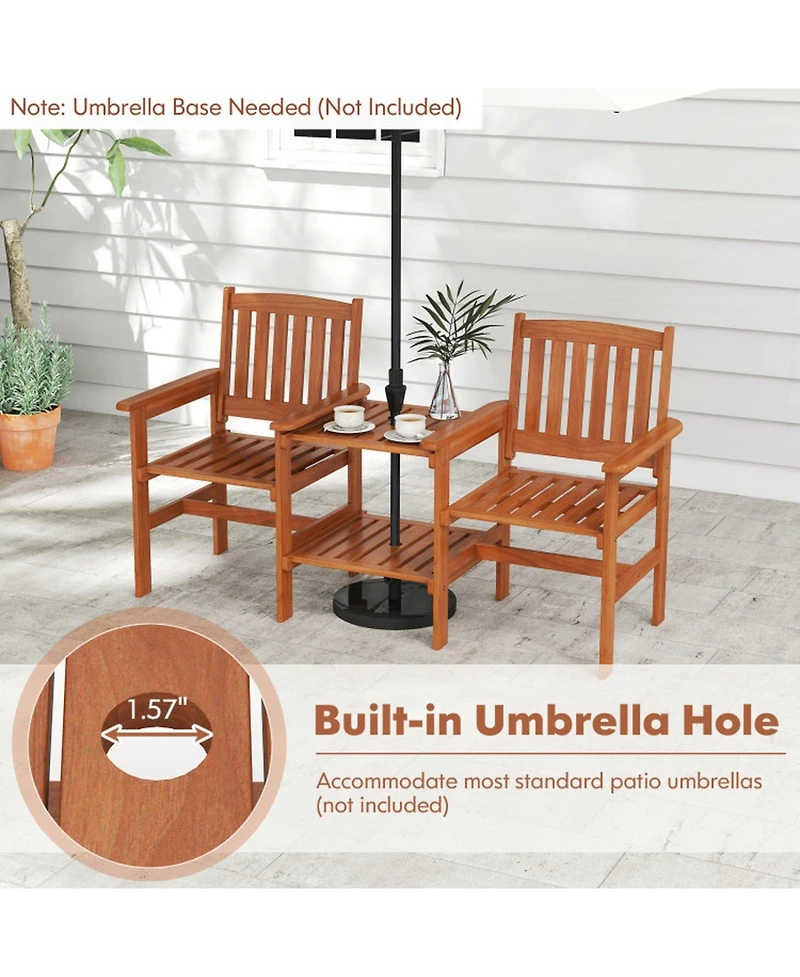 Gouun 2-Seater Solid Wood Outdoor Chair Set with 2-Tier Side Table and Umbrella Hole