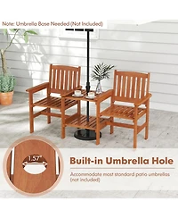 Gouun 2-Seater Solid Wood Outdoor Chair Set with 2-Tier Side Table and Umbrella Hole