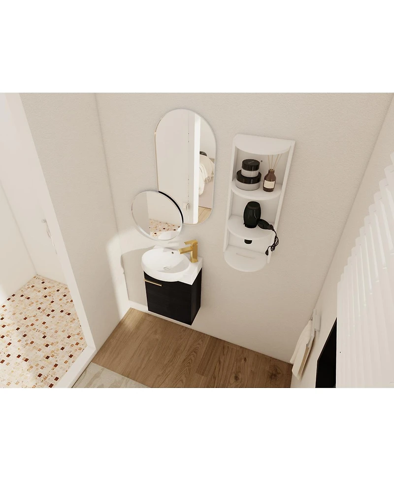 Sillysis 16.8 Inch Bathroom Vanity with 3-Tier Storage Rack and Ceramic Sink, Black Wall Mounted Modern Cabinet, Soft Close Door for Small Spaces