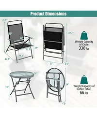 Yiortwo 3 Piece Folding Patio Furniture Set Metal Chairs with Glass Table