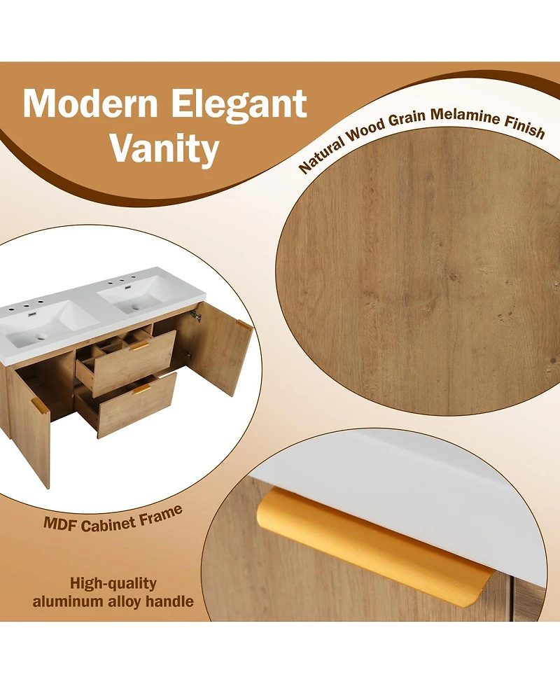 Sillysis 59 Inch Double Sink Bathroom Vanity, Wall Mounted Cabinet with Smc Countertop, Soft Close Drawers for Large Bathrooms