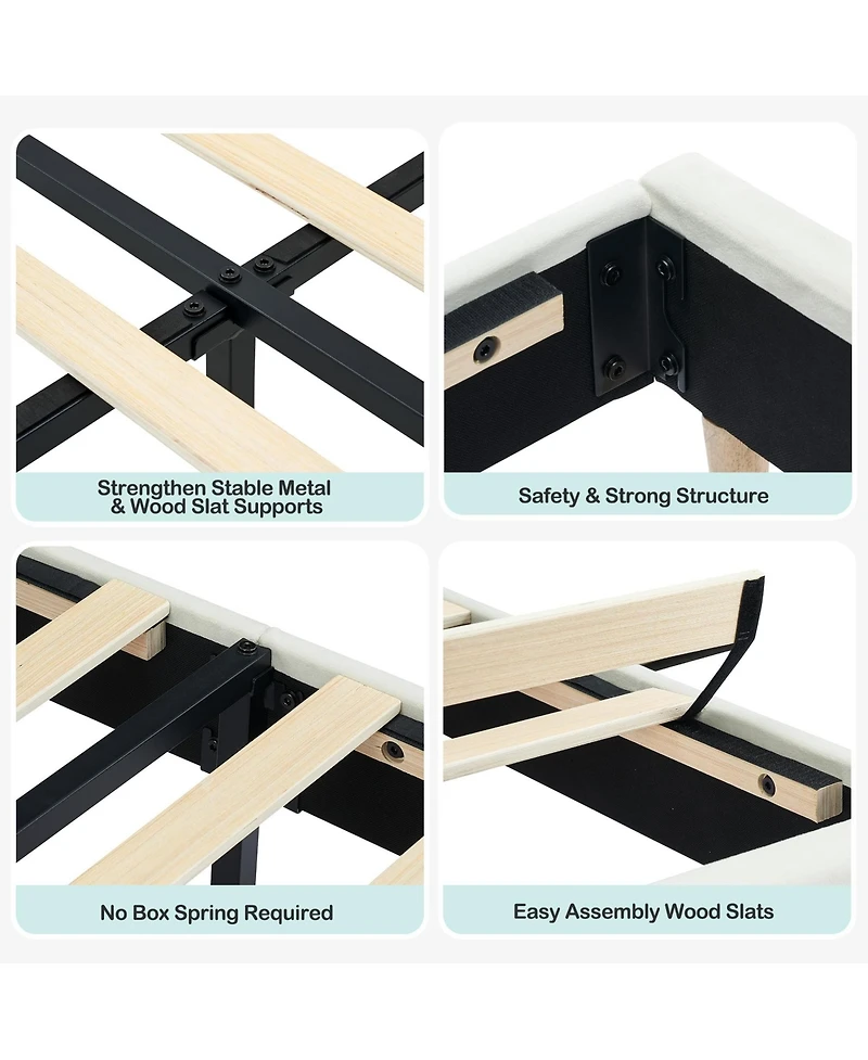 homfan Upholstered Bed Frame with Bookcase Headboard, Storage Cubbies and Wooden Slats Support
