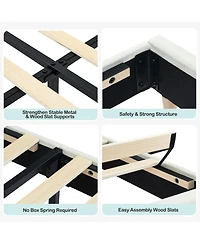 homfan Upholstered Bed Frame with Bookcase Headboard, Storage Cubbies and Wooden Slats Support