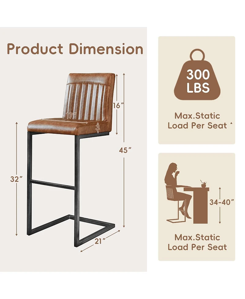 Flynama Faux Leather Bar Stools Set of 2, Metal Frame for Kitchen Island and Home Bar