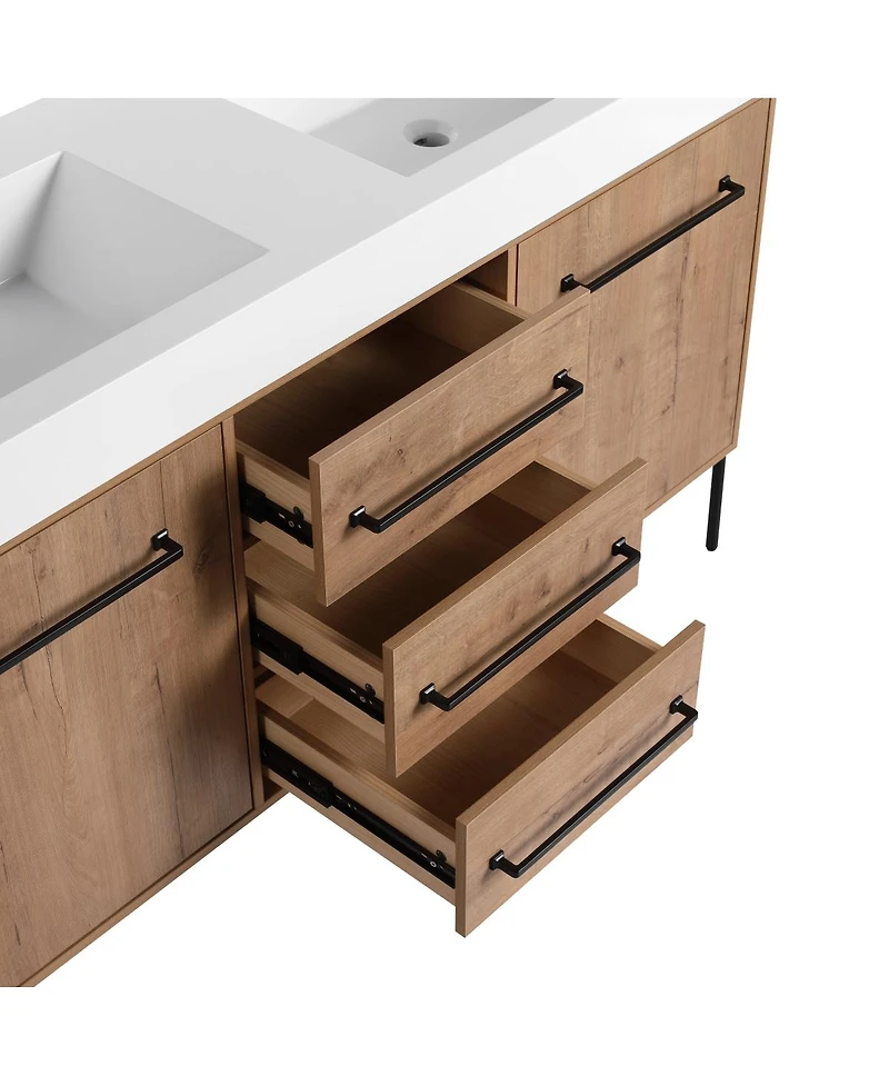 Sillysis Modern Double Sink Bathroom Vanity, Soft-Close Imitative Oak Plywood Cabinet, Water and Scratch Resistant for Bathroom